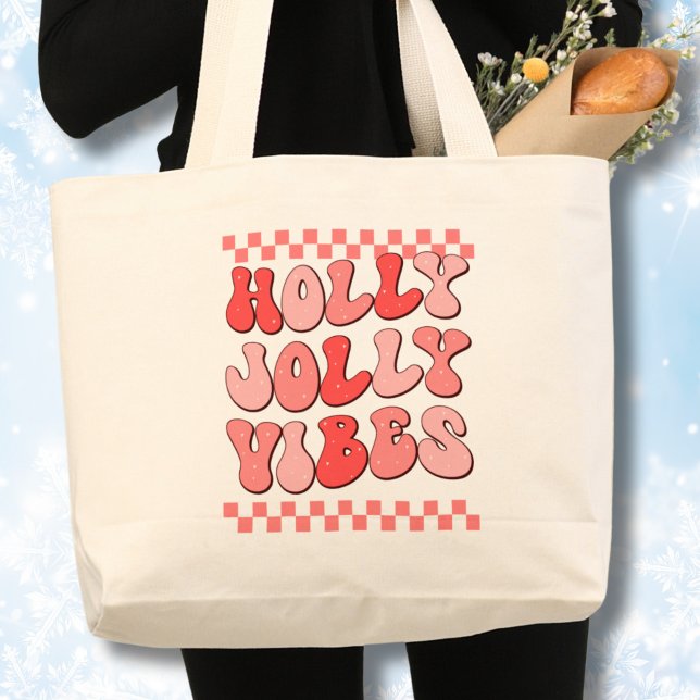 Bolsa Tote Grande Holly Jolly vibes, Retro Natal (Retro Christmas,Hippie Christmas,Christmas tote bag, Holly Jolly vibes, Checkered pattern,tote bag)