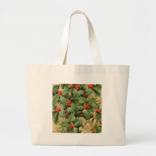 Bolsa Tote Grande Holly Tree Natal Foliday Art Impressão Greenery