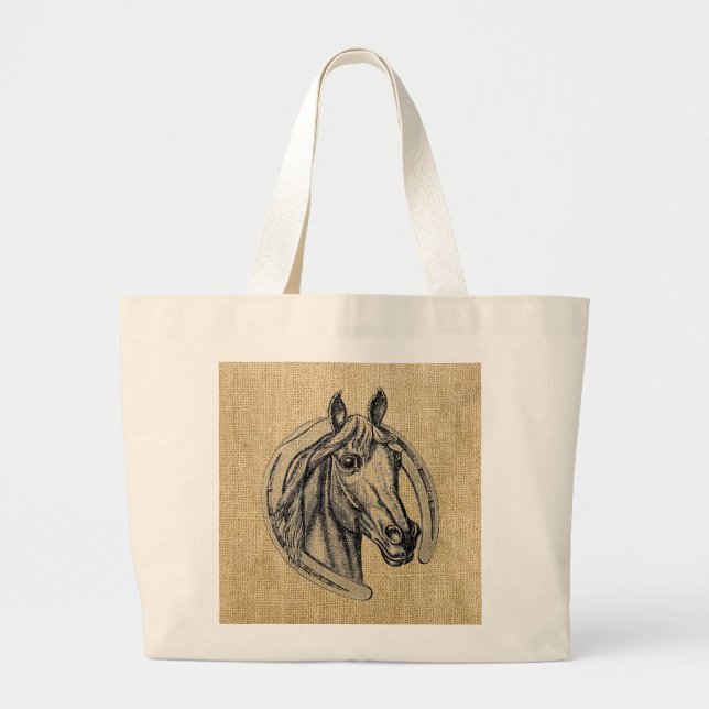 Bolsa Tote Grande Horse Cameo em Burlap (Frente)