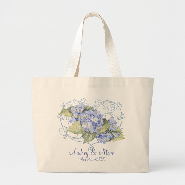 Bolsa Tote Grande Hydrangeas azuis, borboleta & floral moderno do (Frente)