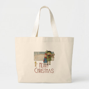 Bolsa Tote Grande Ilustração Antiga de Crianças no Natal 1920