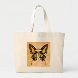 Bolsa Tote Grande Ilustração da Mulher Voando Borboleta Flapper