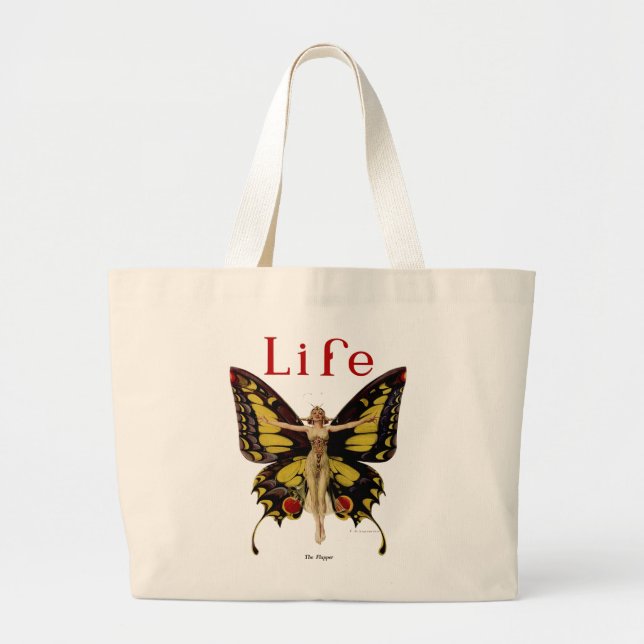 Bolsa Tote Grande Ilustração da Mulher Voando Borboleta Flapper (Frente)