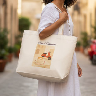 Bolsa Tote Grande Ilustração de Café Italiano Vespa & Cappuccino