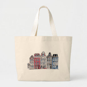Bolsa Tote Grande Ilustração de Edifícios de Amesterdã