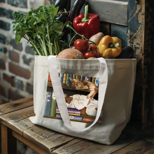 Bolsa Tote Grande Ilustração de Estante de Livros de Gatos Adormecid
