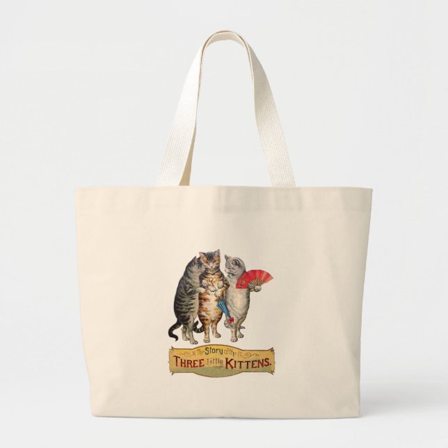 Bolsa Tote Grande Ilustração de Ganso Mãe de Três Pequenos Gatinhos (Frente)