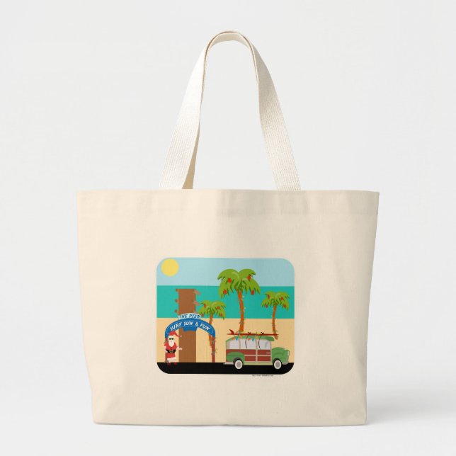 Bolsa Tote Grande Ilustração de Surfe de Natal (Frente)