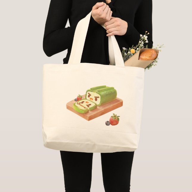 Bolsa Tote Grande Ilustração do Roll de Bolo de Matcha (Frente (produto))