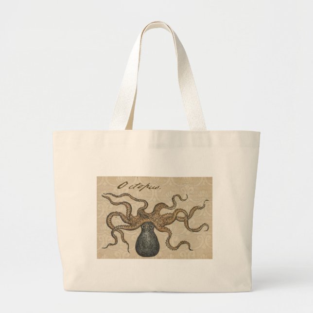 Bolsa Tote Grande Ilustração Octopus Kraken Vintage (Frente)