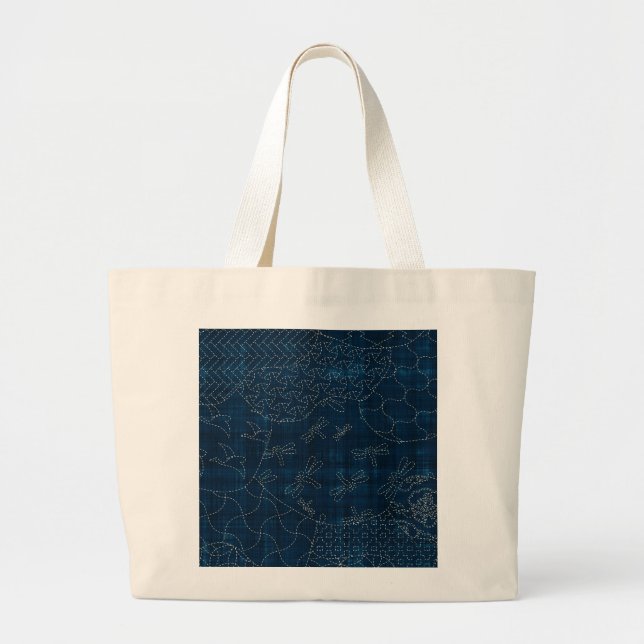 Bolsa Tote Grande imitação do bordado do Sashiko-estilo (Frente)