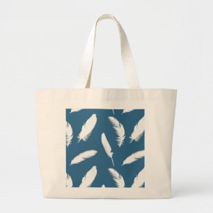 Bolsa Tote Grande Impressão da pena branca no azul da sarja de Nime