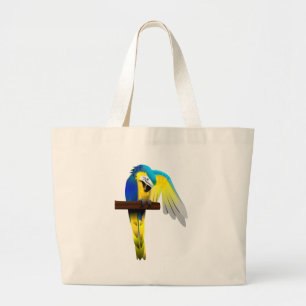 Bolsa Tote Grande Impressão de Arara Azul e Dourada