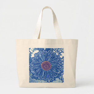 Bolsa Tote Grande Impressão de bloco da margarida do Gerbera - azul
