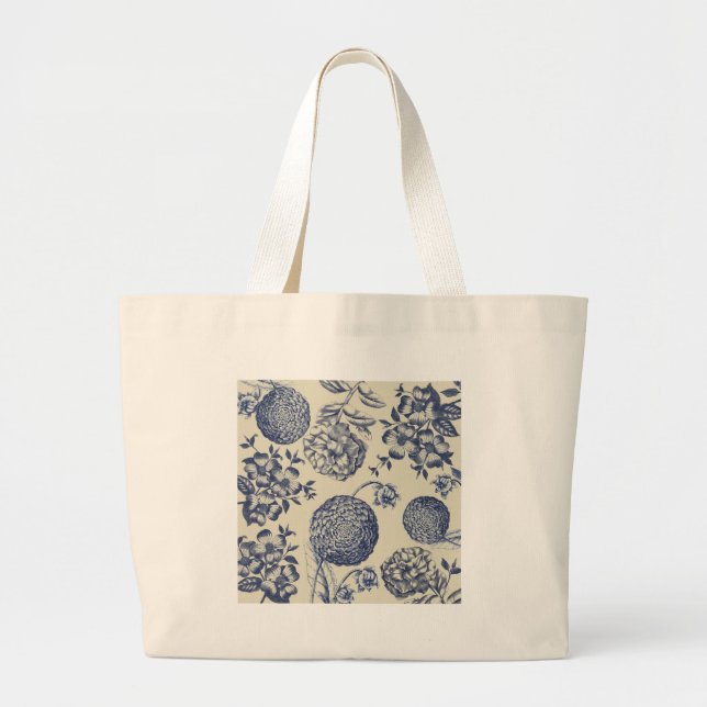 Bolsa Tote Grande Impressão Flor Azul Antiquado Floral (Frente)