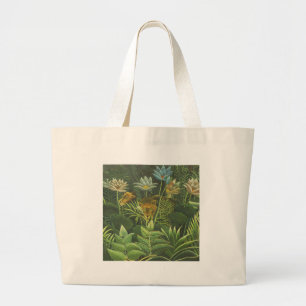 Bolsa Tote Grande Impressão Vintage de Leão na Selva Tropical de Hen