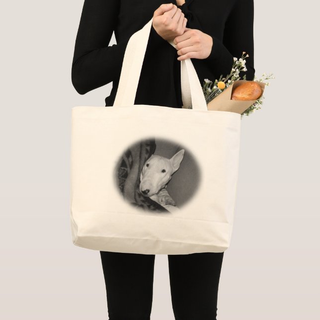Bolsa Tote Grande Inglês bull terrier Snuggled sob uma cobertura - (Frente (produto))
