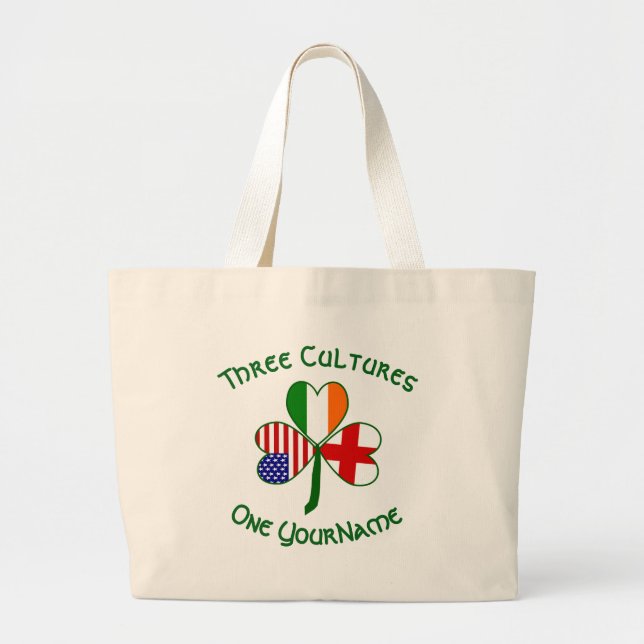 Bolsa Tote Grande Inglês Irish American Flags Shamrock Seu Nome (Frente)