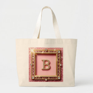 Bolsa Tote Grande Inicial de Diamante B Glitter Rosa Moldura Dourada