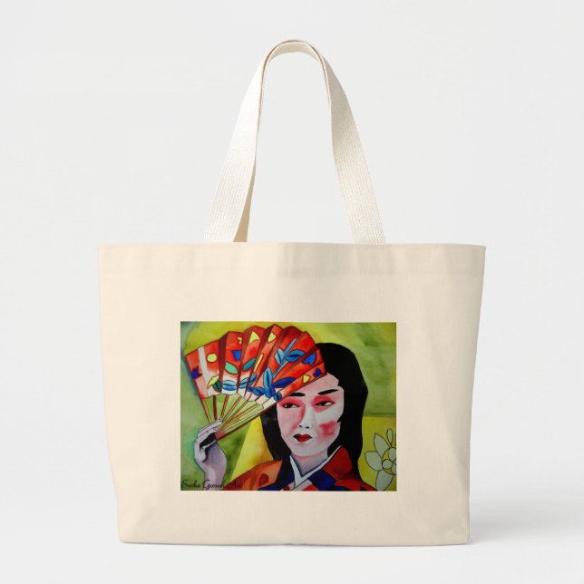 Bolsa Tote Grande Japonês Geisha com arte original de aquarela (Frente)