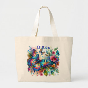 Bolsa Tote Grande Jardim Floral de Borboleta Aquarela Personalizado