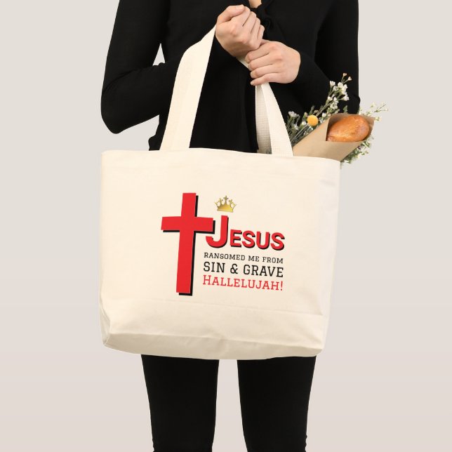 Bolsa Tote Grande JESUS ME RANSOMOU Páscoa Cristã (Frente (produto))