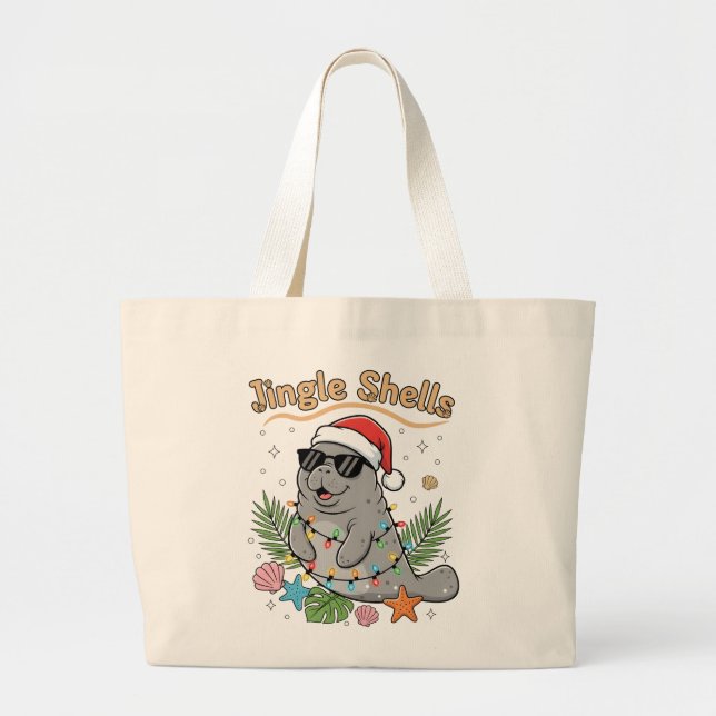 Bolsa Tote Grande Jingle Shells Tropical Santa Manatee Christmas (Frente)