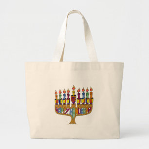 Bolsa Tote Grande Judaica Feliz Hanukkah Pião Menorá