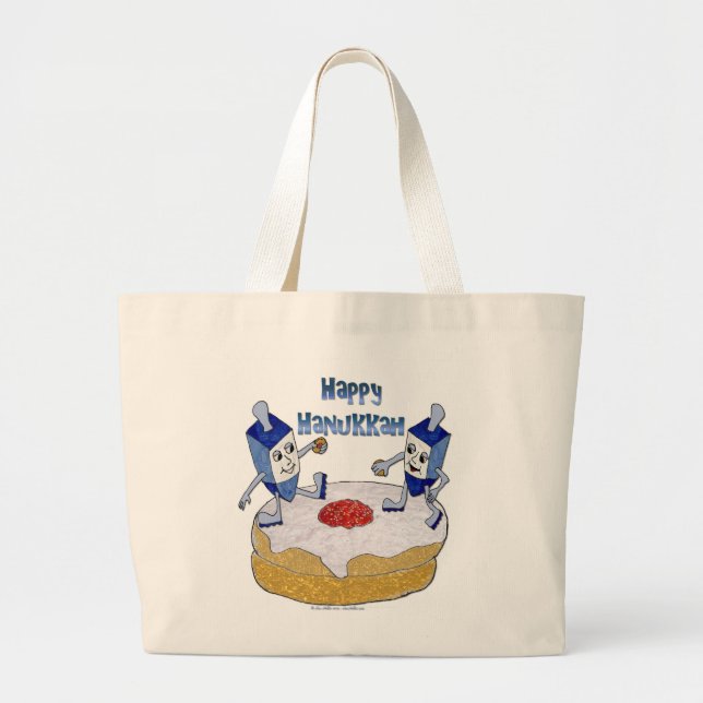 Bolsa Tote Grande Judaica Happy Hanukkah Dançando Dreidels Doughnut (Frente)