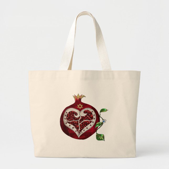 Bolsa Tote Grande Judaica Pomegranate Heart Hanukkah Rosh Hashanah (Frente)