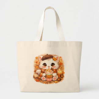 Bolsa Tote Grande Kawaii Cozy Autumn Latte Kitty – Cute Fall Cat 