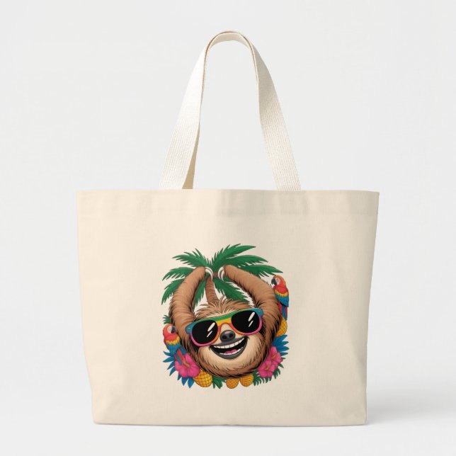 Bolsa Tote Grande Kawaii Tropical Sloth – Cute Summer Vibes Rainbow  (Frente)