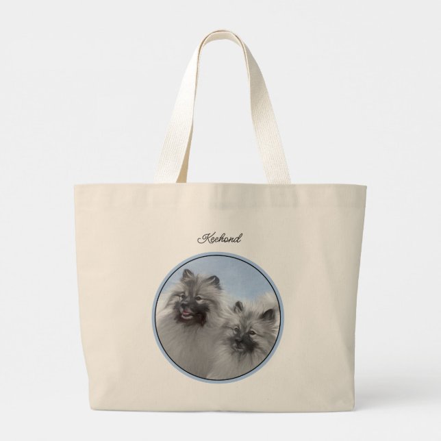 Bolsa Tote Grande Keeshond Painting 2 Keeshonden Original Dog Art (Verso)