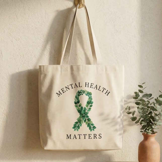 Bolsa Tote Grande Laço Verde Botânico da Saúde Mental (Mental Health Awareness Green Ribbon Bag)