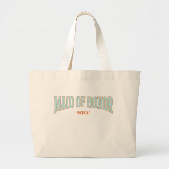 Bolsa Tote Grande Laranja + Azul-menta Brilho Falso Varsity DAMA DE  (Frente)