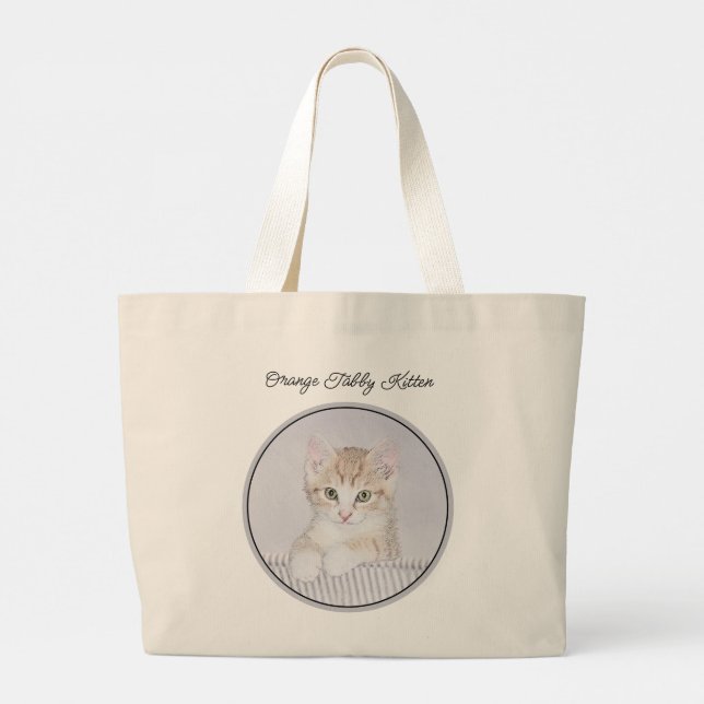 Bolsa Tote Grande Laranja Tabby Kitten Pintura Bela Arte Original (Verso)