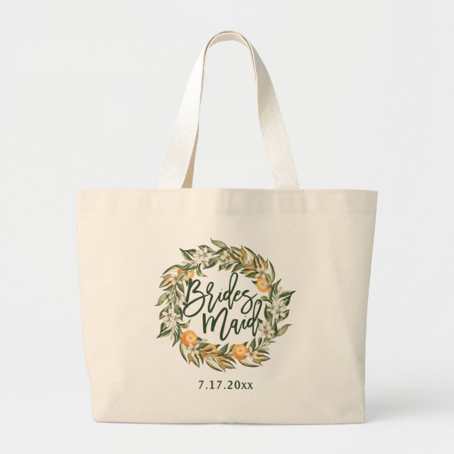 Bolsa Tote Grande Laranjeira Citrus Botanical Wreath Bridesmaid (Frente)