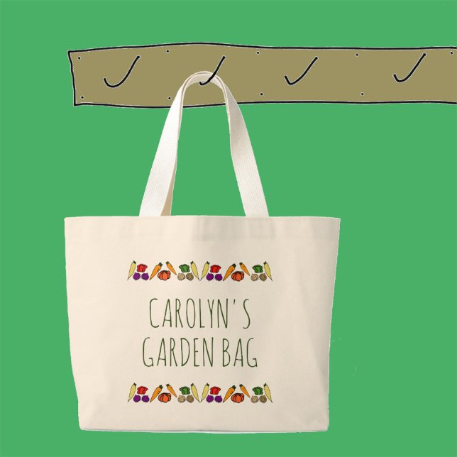 Bolsa Tote Grande Legumes coloridos com seu nome, jardim (Criador carregado)