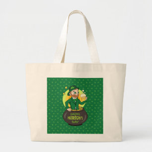 Bolsa Tote Grande Leprecaína de desenho animado em pote de ouro segu