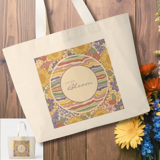 Bolsa Tote Grande Let Joy Bloom – Personalized Floral Tote Bag  (Let Joy Bloom – Personalized Floral Tote Bag with Editable Name & Initial)