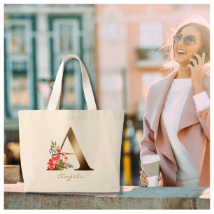 Bolsa Tote Grande Letra A Elegante Monograma Dourado Floral