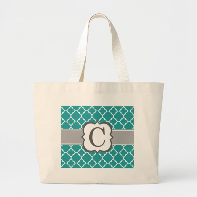 Bolsa Tote Grande Letra azul C Quatrefoil do monograma da cerceta (Frente)