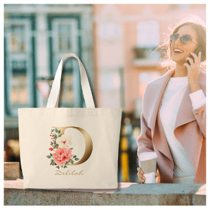 Bolsa Tote Grande Letra D Elegante Monograma Dourado Floral