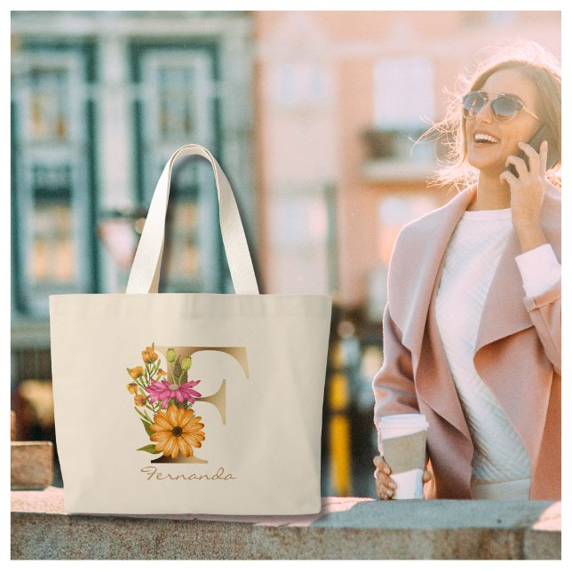 Bolsa Tote Grande Letra F Elegante Monograma Dourado Floral (Criador carregado)