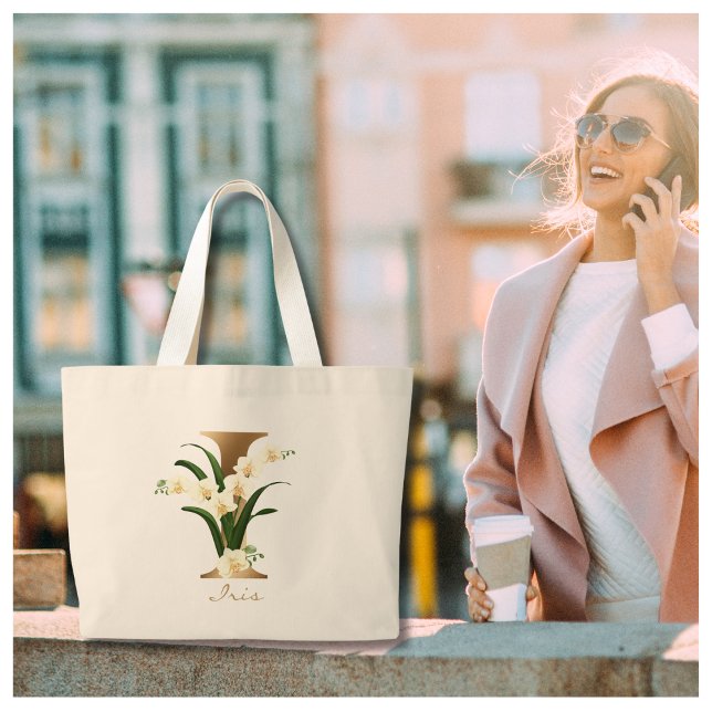 Bolsa Tote Grande Letra I Elegante Monograma Dourado Floral (Criador carregado)