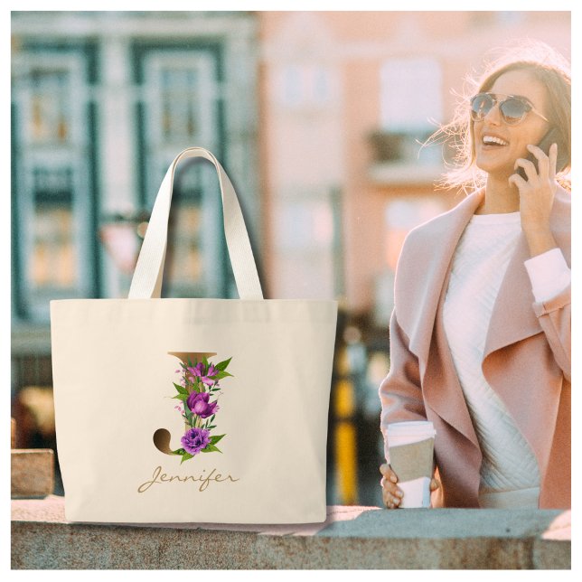 Bolsa Tote Grande Letra J Elegante Monograma Dourado Floral (Criador carregado)