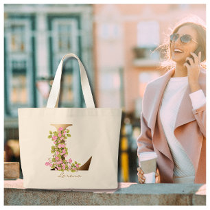 Bolsa Tote Grande Letra L Monograma Floral Elegante Dourado