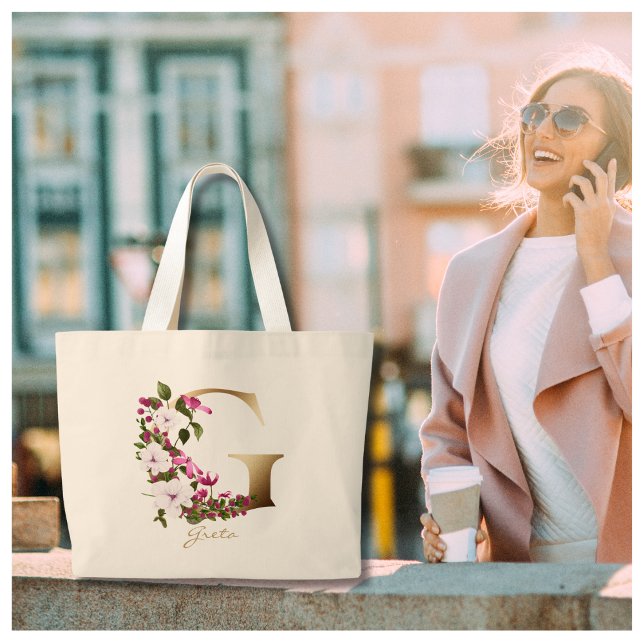 Bolsa Tote Grande Letra Personalizada G Monograma Floral Elegante Do (Criador carregado)