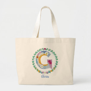 Bolsa Tote Grande Letras Flores "G" Inicial com Nome Personalizado