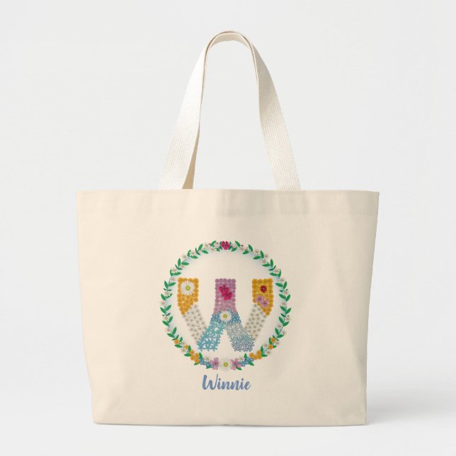 Bolsa Tote Grande Letras Flores Iniciais "W" com Nome Personalizado (Frente)
